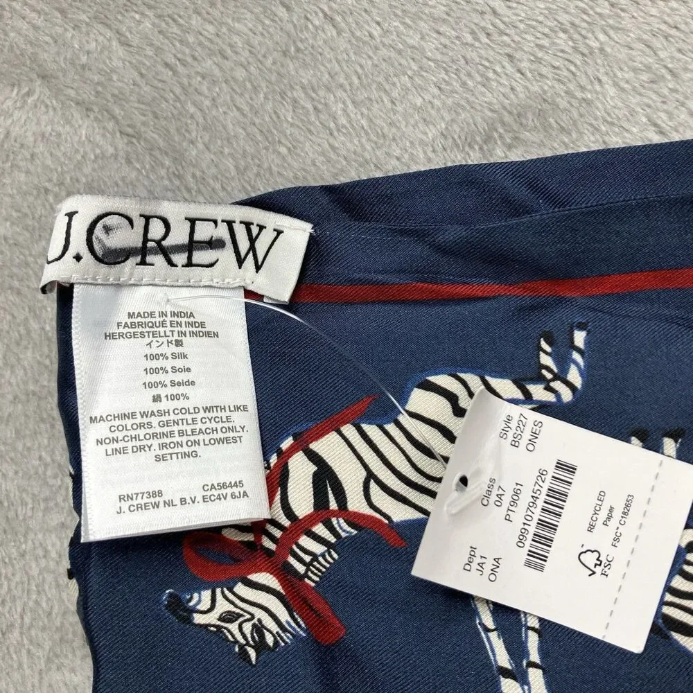 J Crew Silk Skinny Scarf Womens One Size Navy Red Zebra Bow Twilly BS227